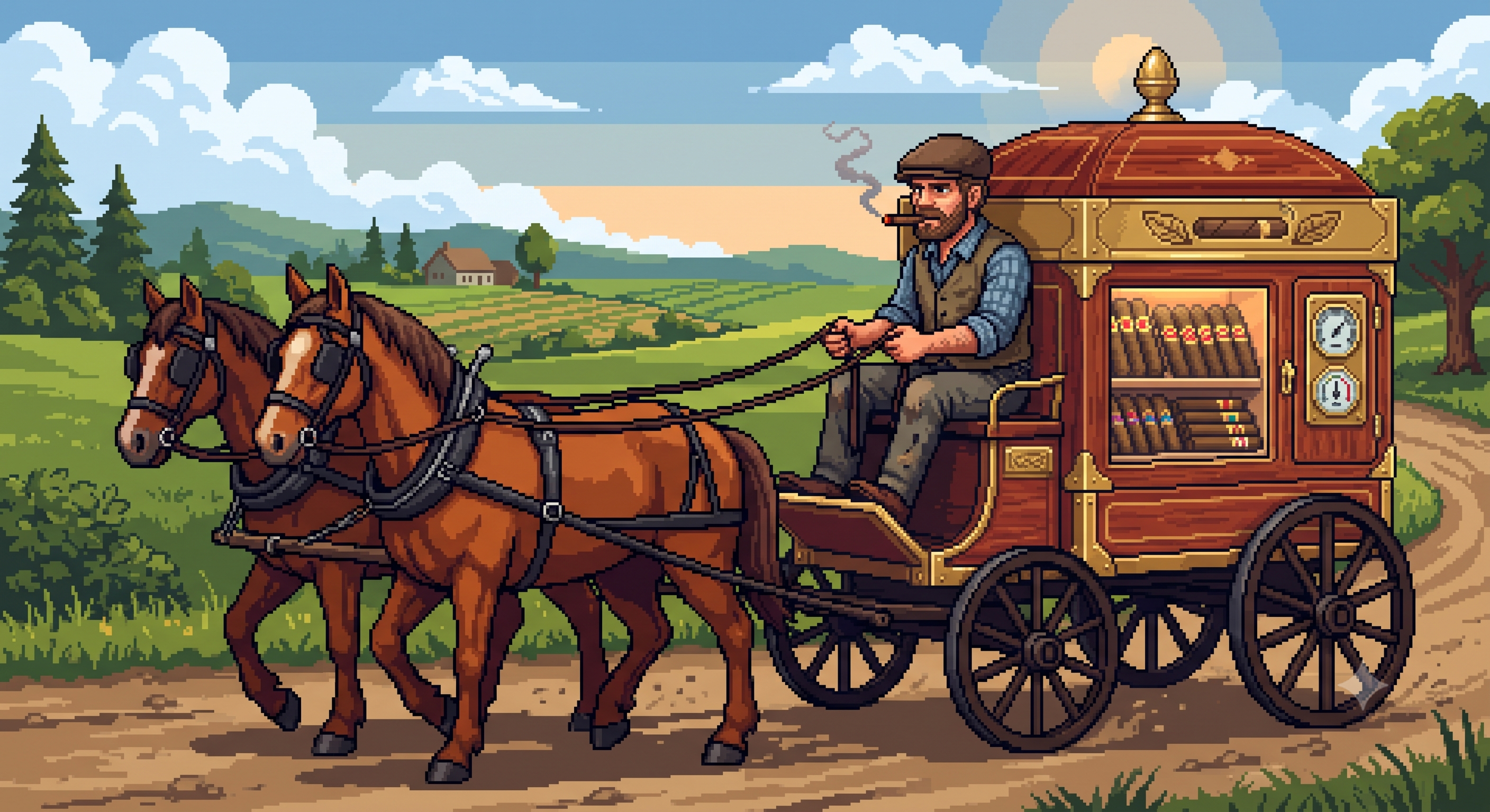 Elias Wylie driving his cigar wagon, pulled by his Morgan horses Major and Scout, through the Texas countryside.